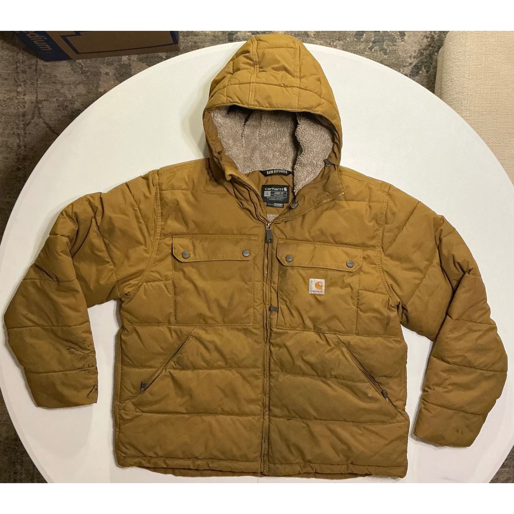 Carhartt Rain Defender Hooded Puffer Jacket Sherpa Lined Workwear‎ Mens L Grunge